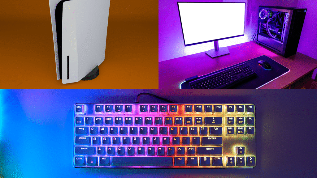 Gaming console, monitor and keyboard art