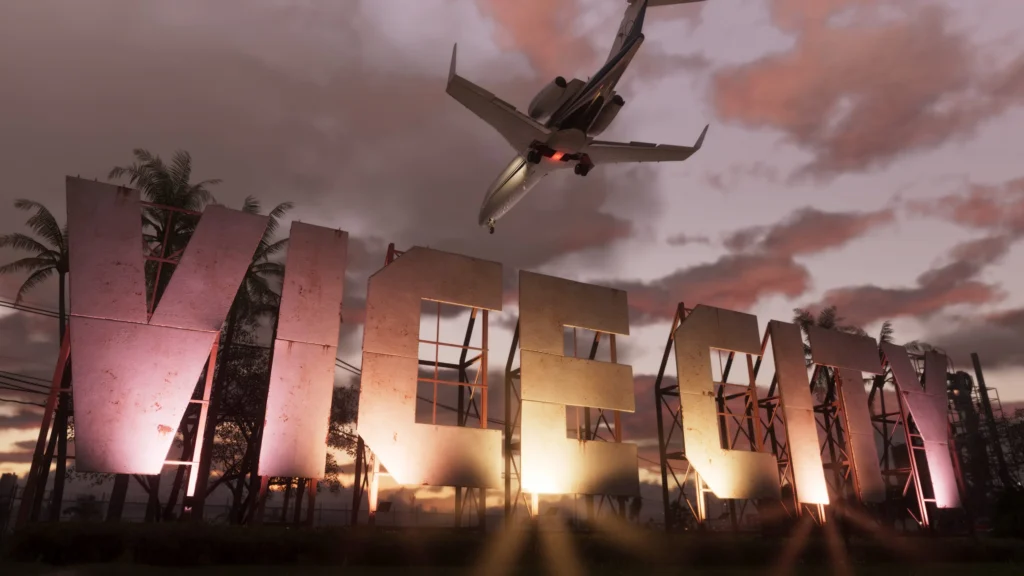 GTA 6 artwork image where a plane is flying over the billboard og vicecity sign