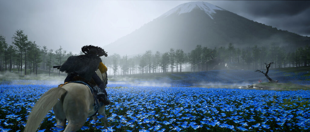 gameplay preview og Ghost of Yotei, where Atsu is riding in the field of Nemophila