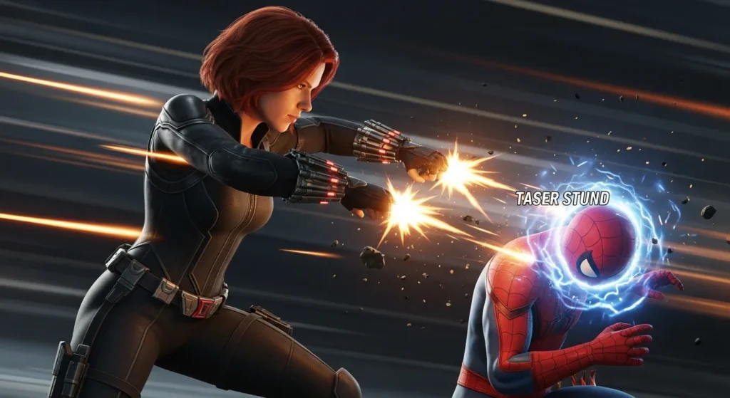 Black widow stuning opponent Spider-Man using her basic combat fundamentals