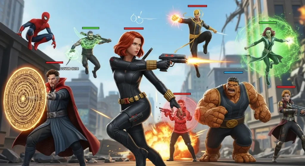 black widow suing her strategic superiority to overcome her rivals with her teamates