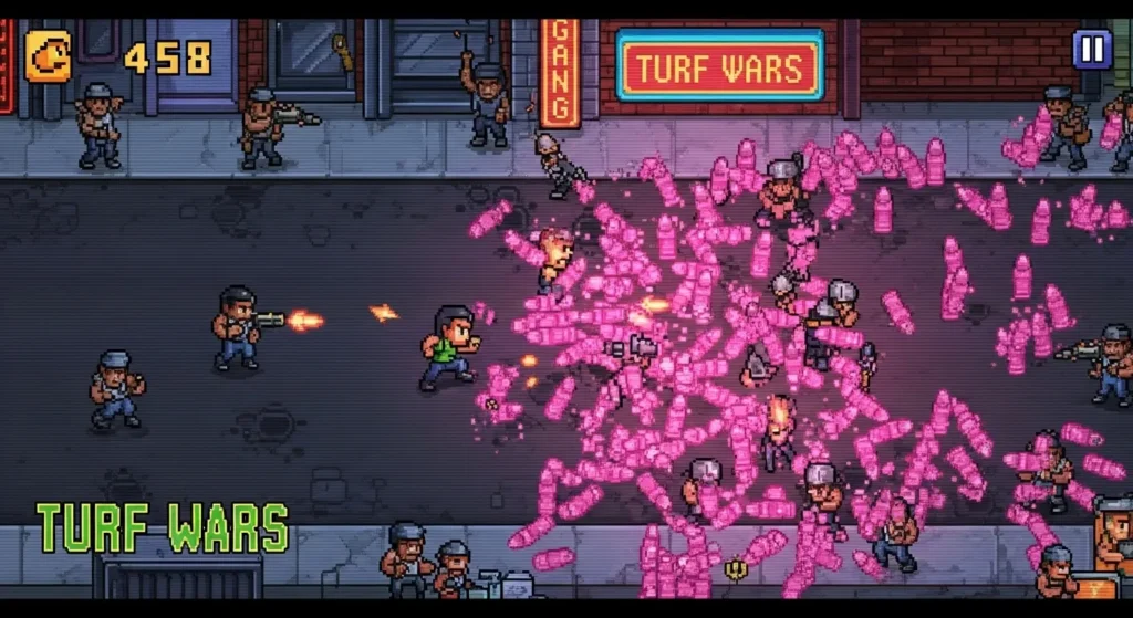 A dynamic in-game action shot of the "Turf Wars" gameplay, showing the player's character dodging bullets and shooting at rival gang members. Alt Text: Gameplay screenshot of the "Turf Wars" arcade game in Cyberpunk 2077, showcasing the fast-paced top-down shooter action.
