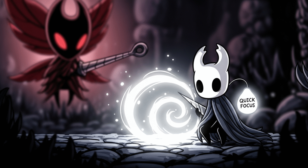 The Knight in a Hollow Knight boss fight, using the glowing Quick Focus charm to heal quickly while a dangerous enemy waits nearby.