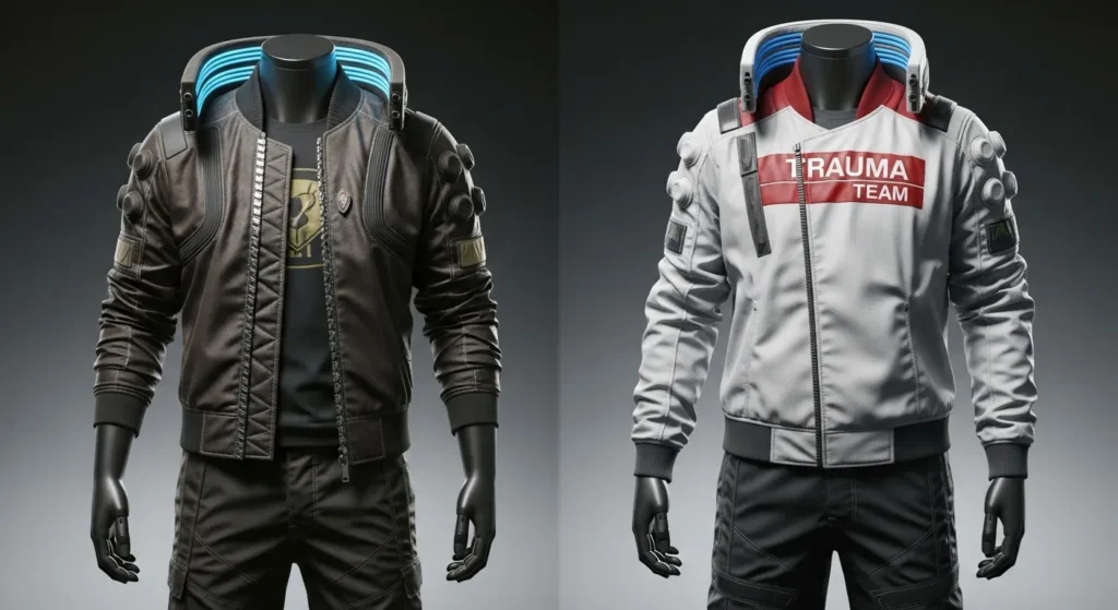 A collage showcasing the rewards from the "Roach Race" and "Trauma Drama" arcade games, such as the "Roach Whisperer" outfit and the Trauma Team uniform. Alt Text: A collection of the exclusive in-game rewards obtainable from playing the "Roach Race" and "Trauma Drama" arcade games in Cyberpunk 2077.