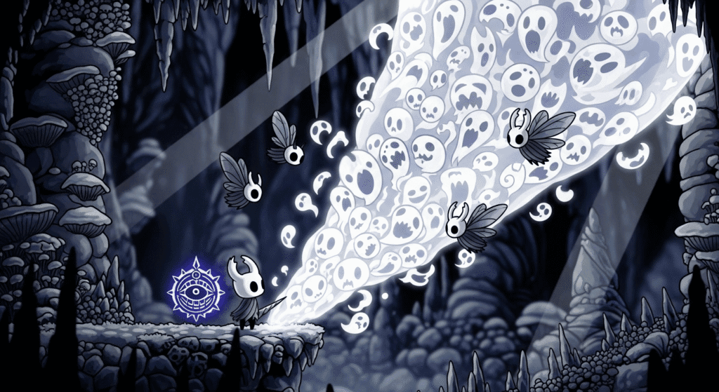 The Knight's spell build in Hollow Knight, using a glowing Shaman Stone charm to cast a massive Abyss Shriek spell at flying enemies.