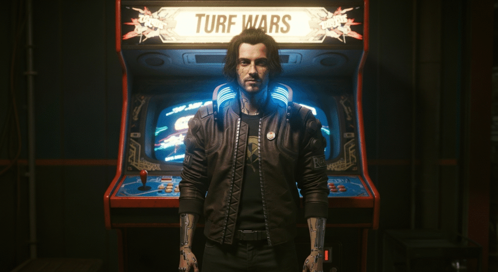 A screenshot of the "Turf Wars" arcade game in Cyberpunk 2077 with V standing in front of it. Alt Text: The "Turf Wars" arcade machine in Cyberpunk 2077, glowing with a retro aesthetic in a dimly lit room.
