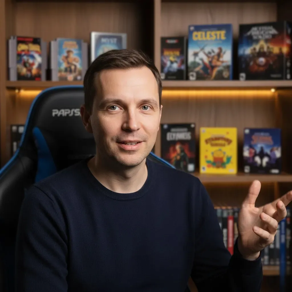 Game author Mike Sensabeski discusses his passion, gesturing in front of his curated video game collection.