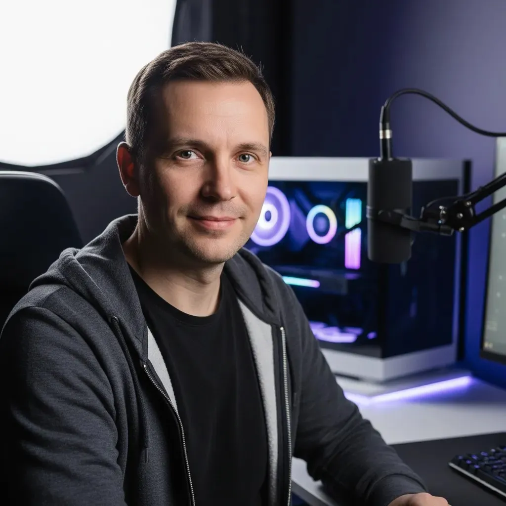 Author and gamer Mike Sensabeski smiling at his modern desk setup with a high-end PC and microphone.
