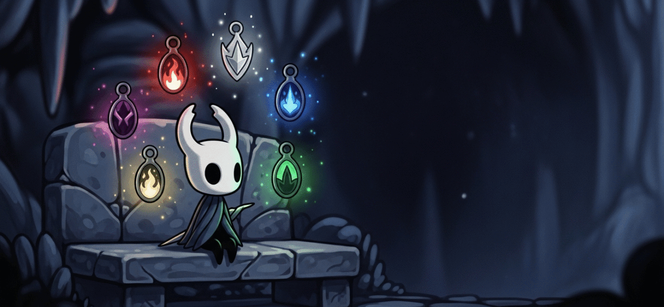 The Knight from Hollow Knight considers the 6 best charms, including Unbreakable Strength and Shaman Stone, glowing brightly in a dark cavern.