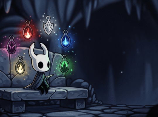 The Knight from Hollow Knight considers the 6 best charms, including Unbreakable Strength and Shaman Stone, glowing brightly in a dark cavern.