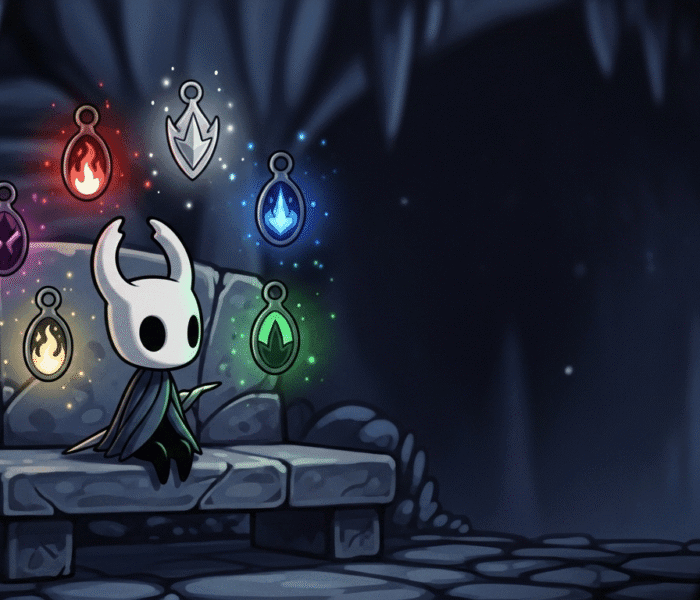 The Knight from Hollow Knight considers the 6 best charms, including Unbreakable Strength and Shaman Stone, glowing brightly in a dark cavern.