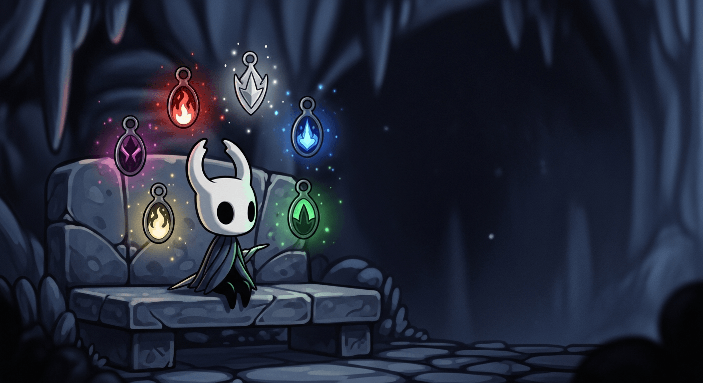 The Knight from Hollow Knight considers the 6 best charms, including Unbreakable Strength and Shaman Stone, glowing brightly in a dark cavern.