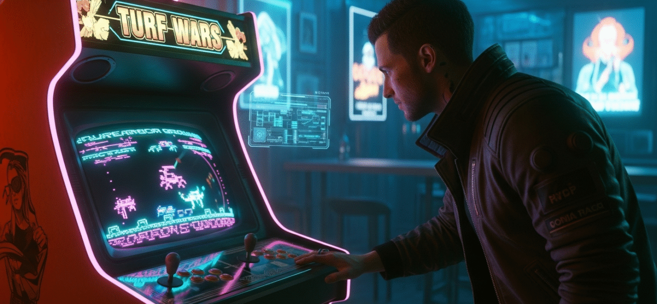 Cyberpunk 2077 main character checking out the turf wars arcade game.