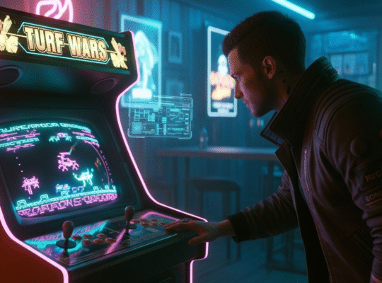 Cyberpunk 2077 main character checking out the turf wars arcade game.