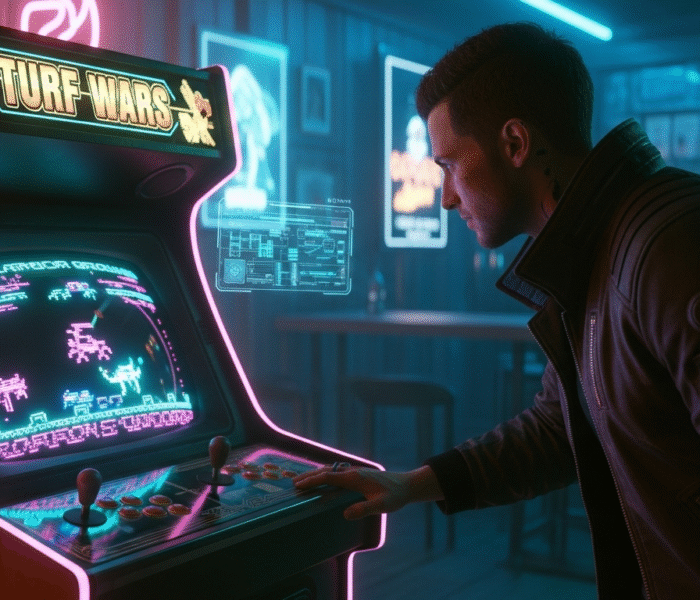 Cyberpunk 2077 main character checking out the turf wars arcade game.