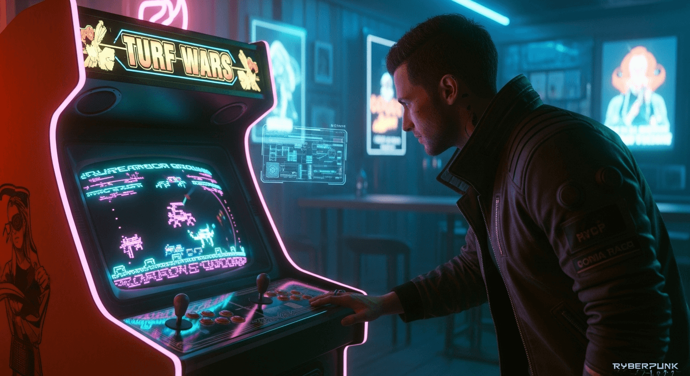 Cyberpunk 2077 main character checking out the turf wars arcade game.