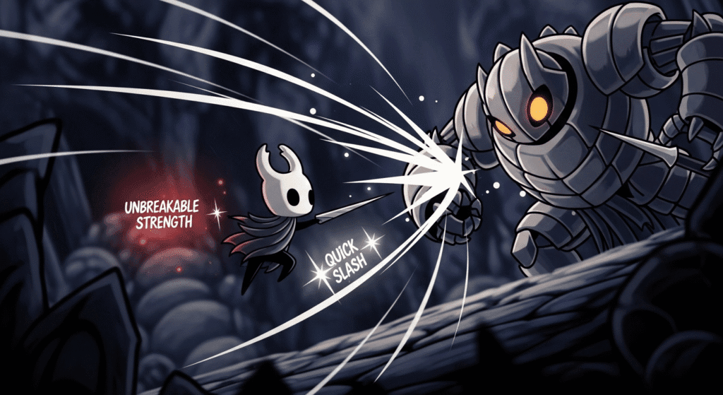 A powerful Hollow Knight nail build in action, with the Knight using the Quick Slash charm for a rapid series of attacks on an enemy.